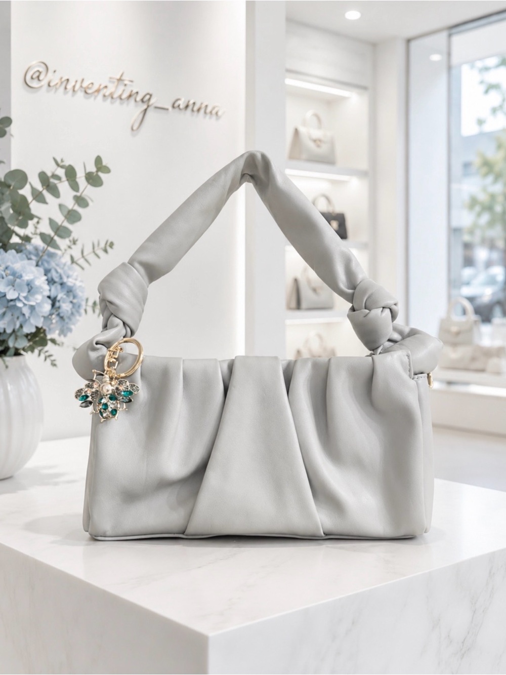 PUFFER BAG Soft Cruelty-Free Gathered Light Gray Bag w/Bumble Bee Charm